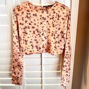Zara Medium Floral Satin Crop Top Brown Pink Long Sleeve Romantic Blouse